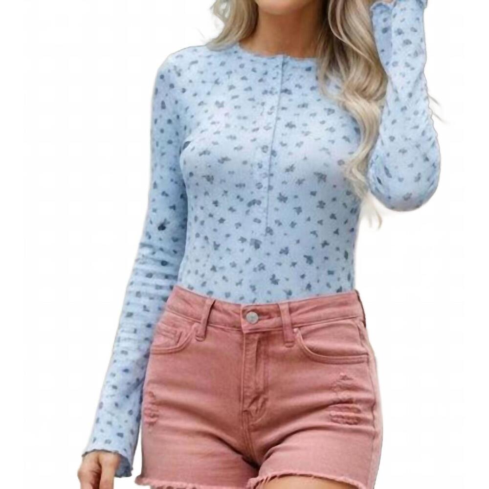 NEW BLAKELY ditsy print pointelle knit bell sleeve bodysuit in light blue